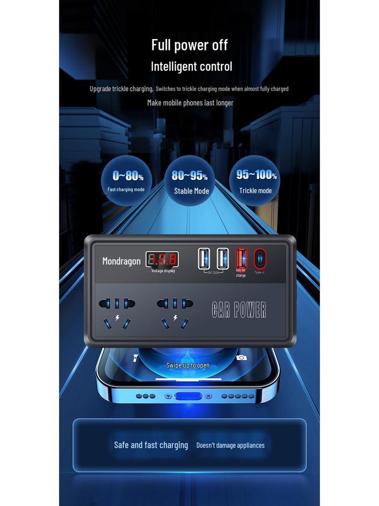 High-Power Multifunction Car Inverter: 12V/24V To 220V Fast Charger with Cigarette Lighter Socket