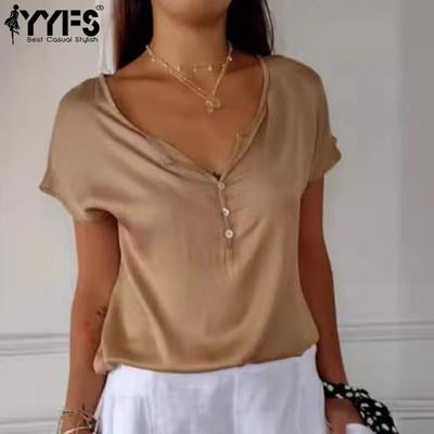 Женские модные повседневные летние весенние однотонные блузки и рубашки с v-образным вырезом и короткими рукавами с принтом