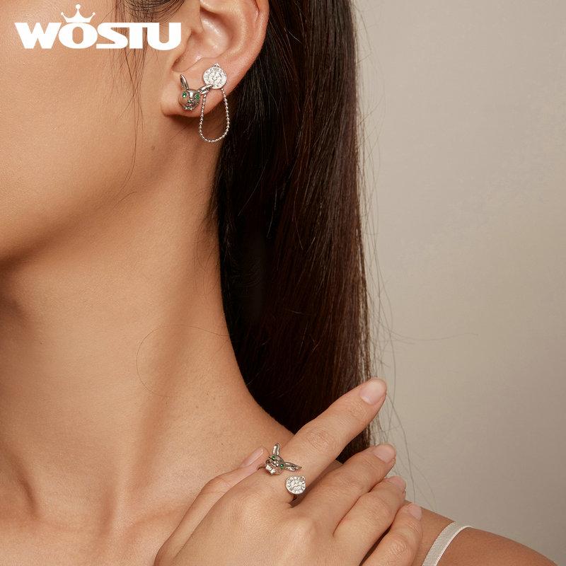 WOSTU Уникальные серьги-гвоздики из стерлингового серебра 925 пробы с кроликом, открытое кольцо для женщин, длинные звенья, зажимы для ушей, забавные вечерние ювелирные изделия на день рождения