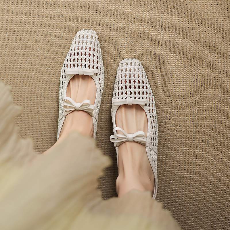 Krazing Pot Straw Weaving Mules Summer Size 42 Bowtie Gold Silver Color Thick Low Heels Women Women Square Toe Sandals