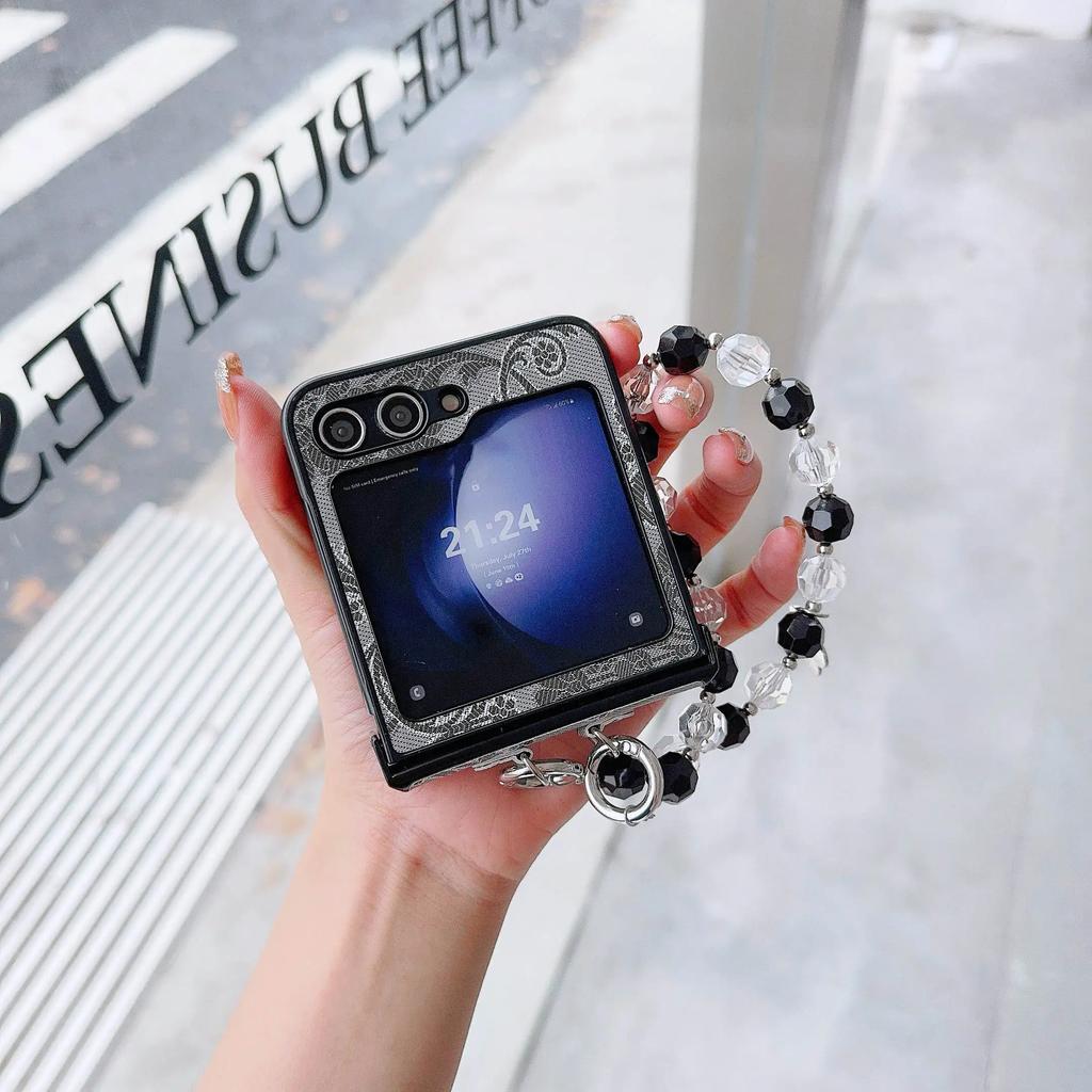 Wrist Strap PU Leather Bead Phone Case for Samsung Galaxy Z Flip 6 5 4 3 5G Hinge Protection Shockproof Cover