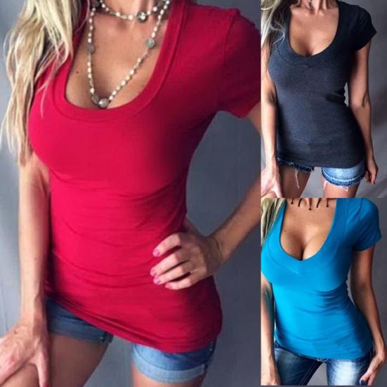 Plus Size Solid Color Slim Fit Women Deep V Short Sleeve T-Shirt Summer Top