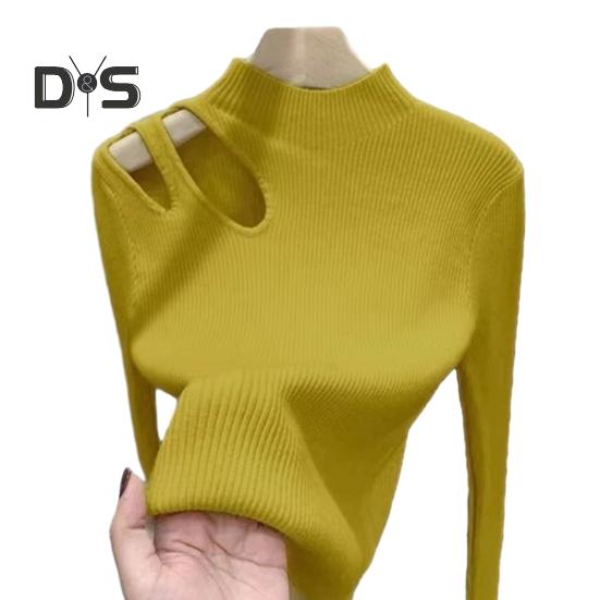 Women Fall Winter Top Thick Knitted Half High Collar Long Sleeve Slim Fit Solid Color Hollow Out Elastic Pullover Soft Warm One Size Lady Sweater