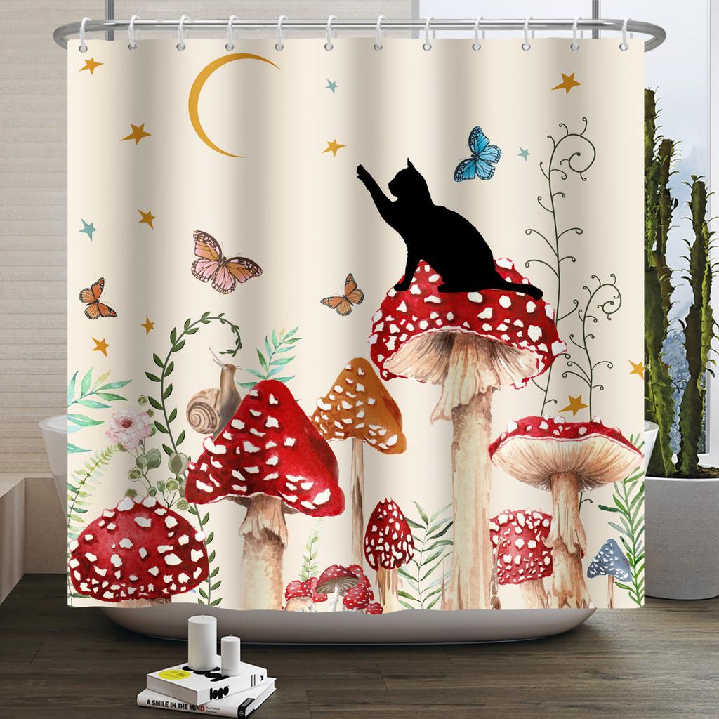 Гриб Занавеска для душа Цветок Зеленый лист Растение Лес Бабочка Ботанический Цветочный Белка Эстетика Водонепроницаемая Занавеска для ванной