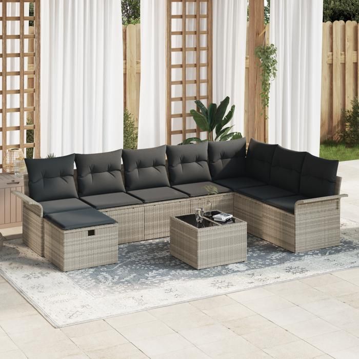 VidaXL Ensemble de Canapé de Jardin 9 Pièces avec Coussins Gris Clair Rattan Poly 3358941
