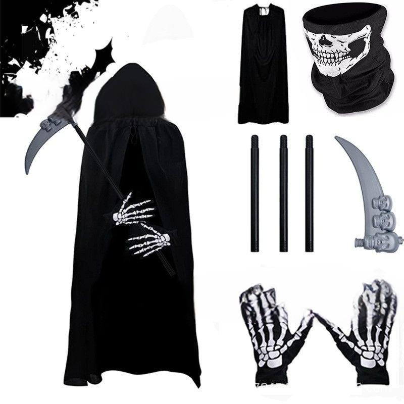 Halloween Skeleton Gloves & Black Cape Costume Set for Adults
