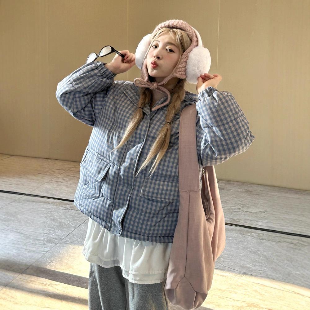 Хлопковая одежда в клетку с капюшоном и воротником-стойкой, женская зимняя новая, ретро, теплая, милая, куртка-пуховик