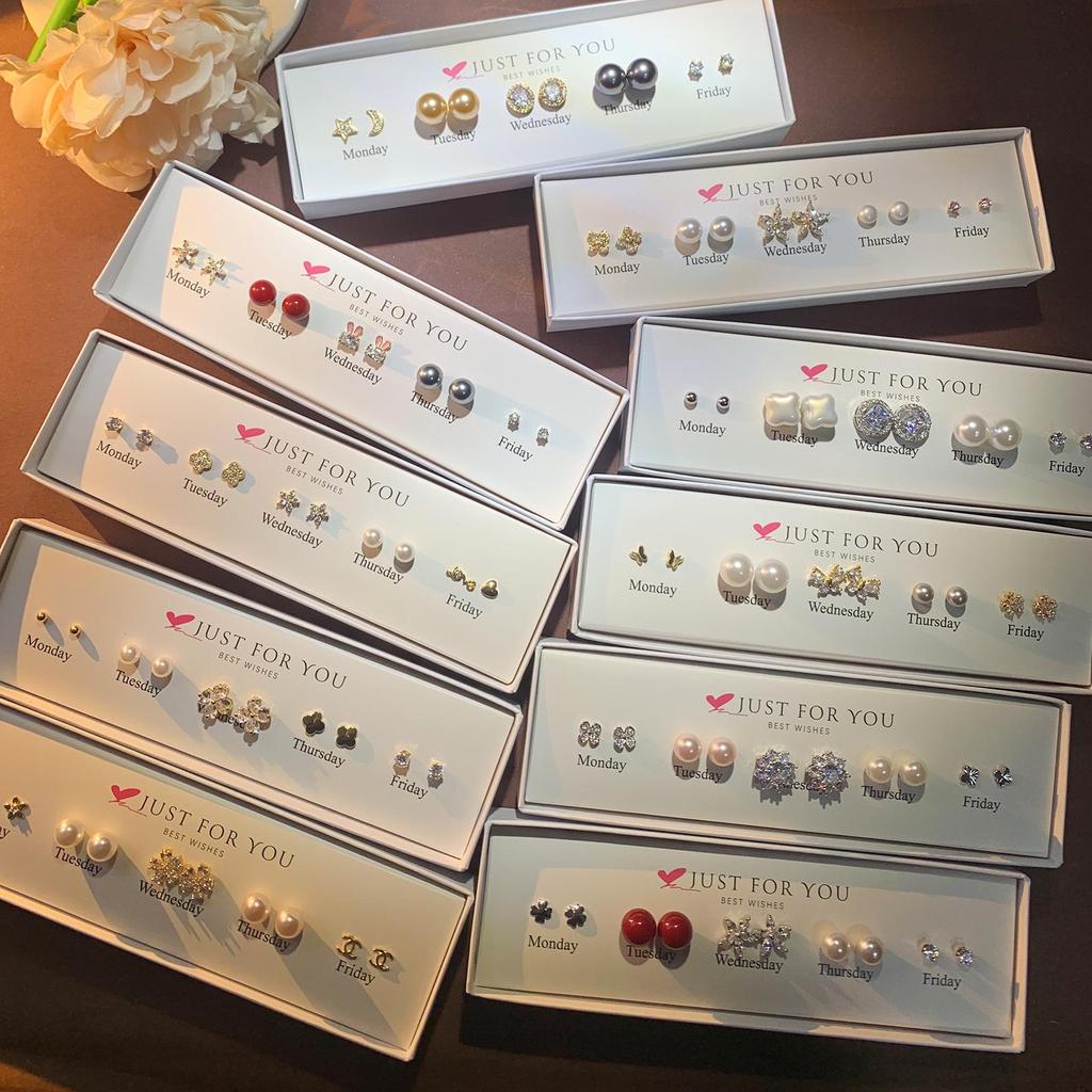 Набор серег-пуссетов в форме сердца с цирконом, цветком и жемчугом для женщин