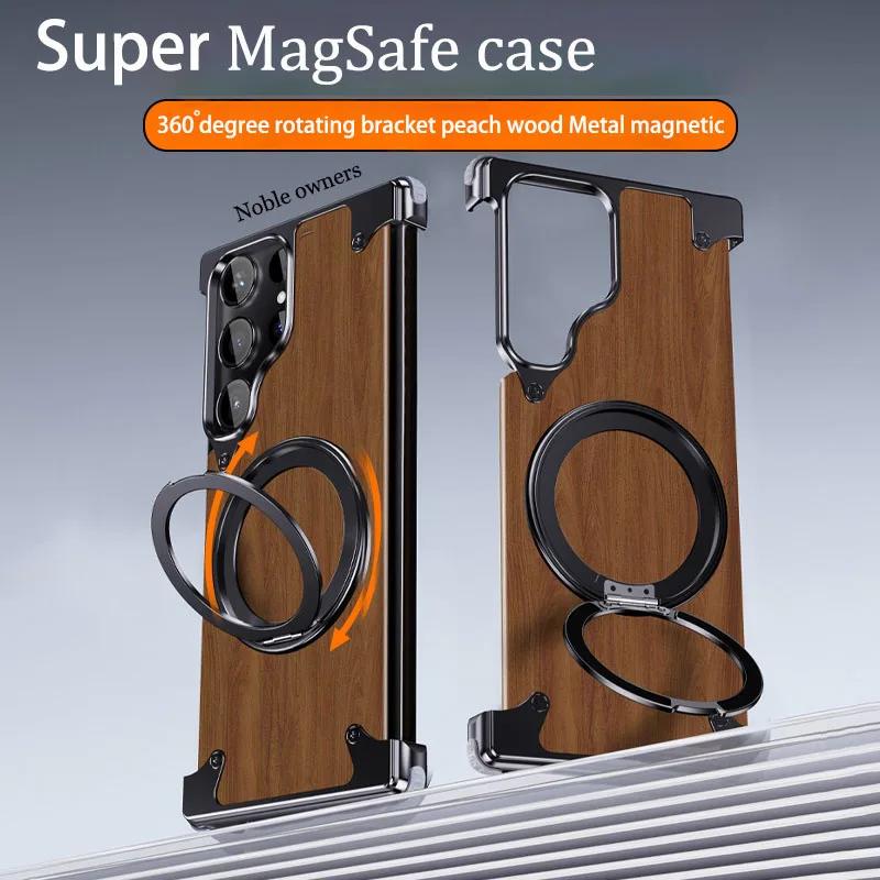 Для Samsung Galaxy S24 Ultra чехол вращающийся на 360° кронштейн Magsafe магнитный держатель телефона ореховое дерево металлический каркас защитный чехол