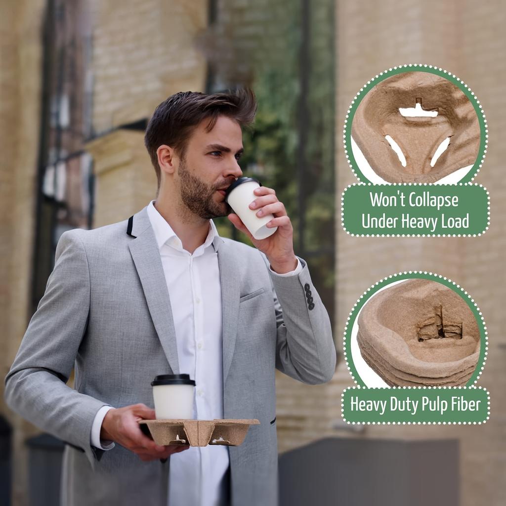 50 Pcs 2 Cups Pulp Fiber Drink Holder, Portable Coffee Cup Holder, Disposable Drink Tray for Coffee Shop, Restaurant, Grocery Store, Juice Bar
