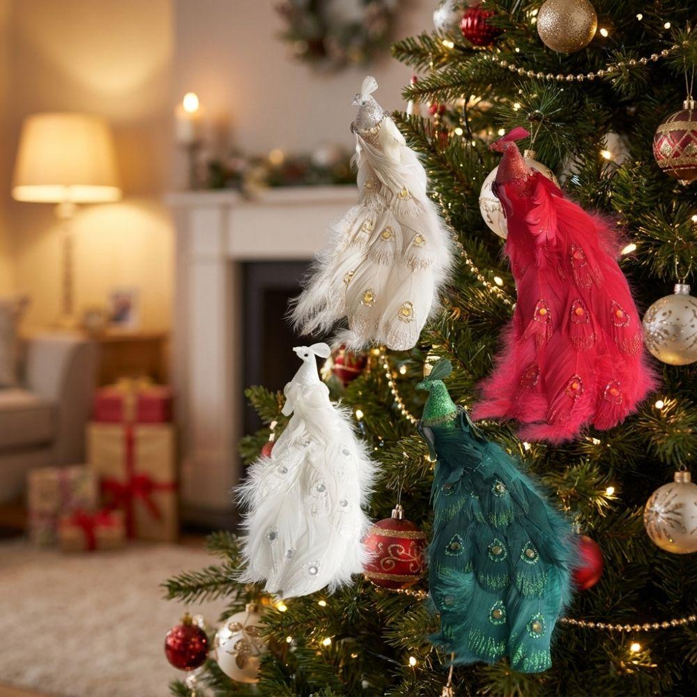 Glitter Clip on Peacock Tree Decor Long Tail Glimmering Feathered Christmas Peacock Pendant Soft Fluffy Built-In Clip
