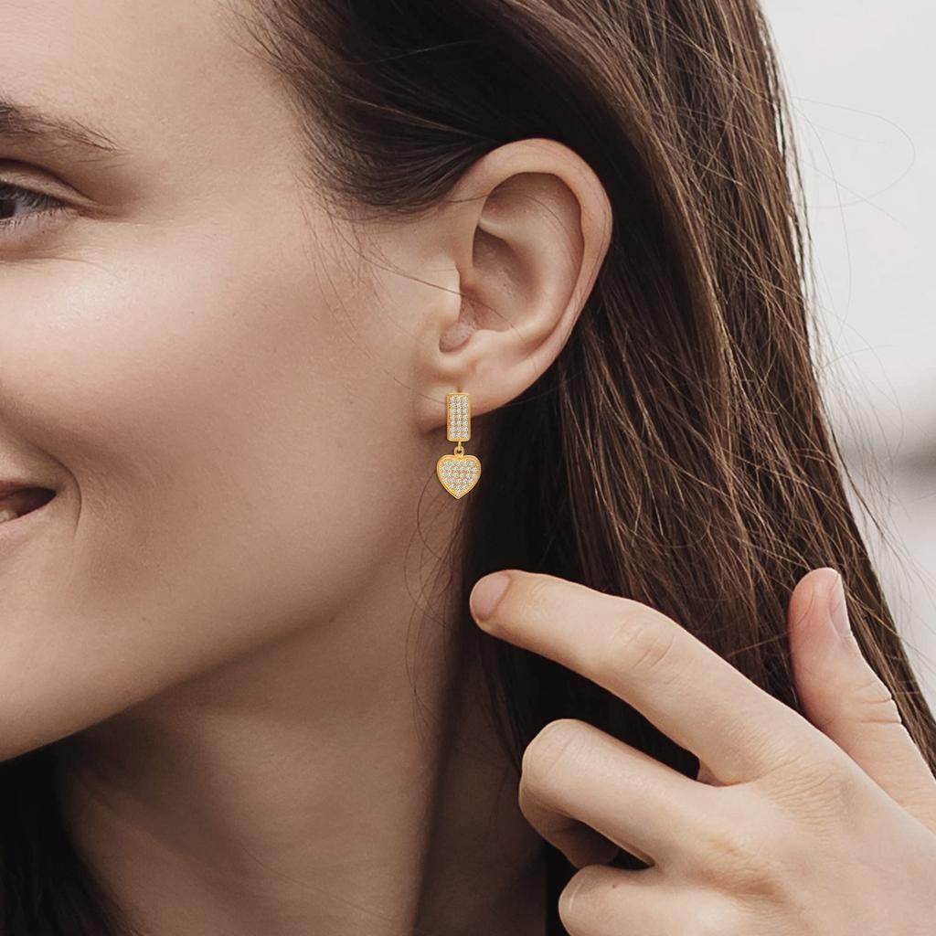 925 Sterling Silver 14K Gold-Plated Hanging Zirconia Amour Heart Stud Drop Dangle Earrings for Women Teen
