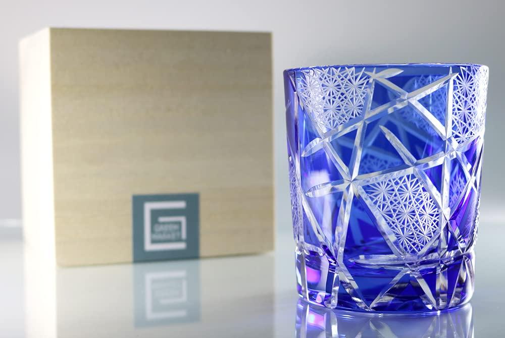 GREEM MARKET Crafts Cut Glass Gift Present Glasswork Kiriko Glass Chrysanthemum Tsunagi Cup Shochu Glass Rocks Glass Blue Blue B Type Product Number
