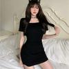 Женские узкие платья с квадратным воротником и открытой спиной с короткими рукавами