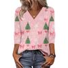 Women's Loose Comfortable Casual Fashion V-Neck Christmas Print 3/4 Sleeve Top