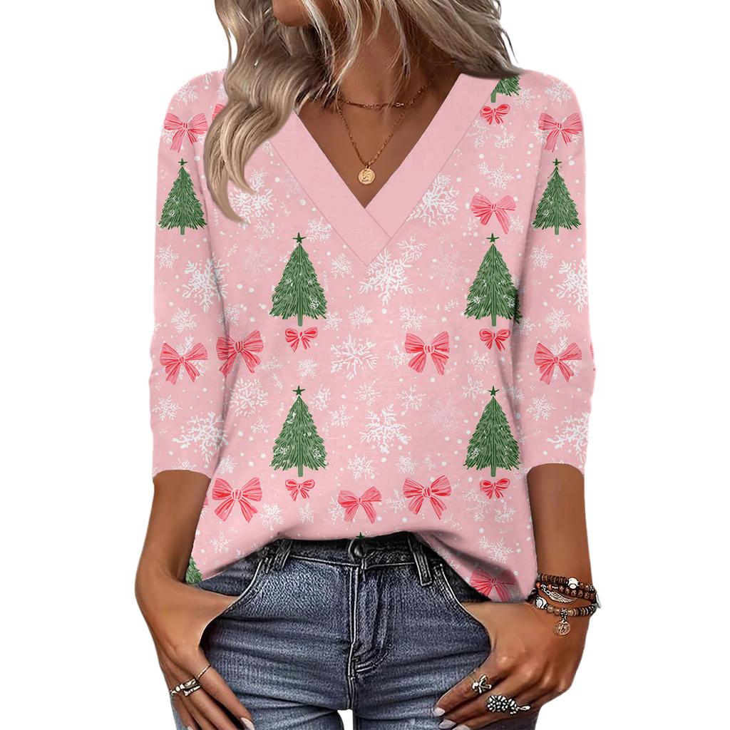 Women's Loose Comfortable Casual Fashion V-Neck Christmas Print 3/4 Sleeve Top
