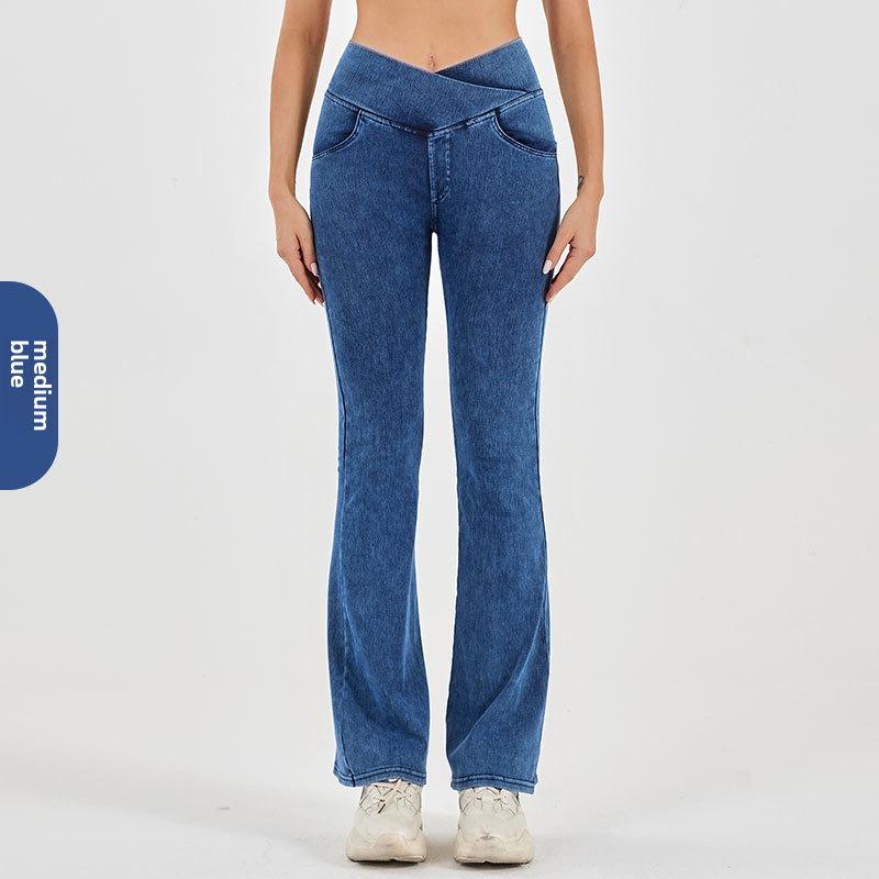 Women's High-Waisted Flared Yoga Pants with Pockets - Imitation Denim, Tummy Control, Perfect for Outdoor and Casual Fitness.