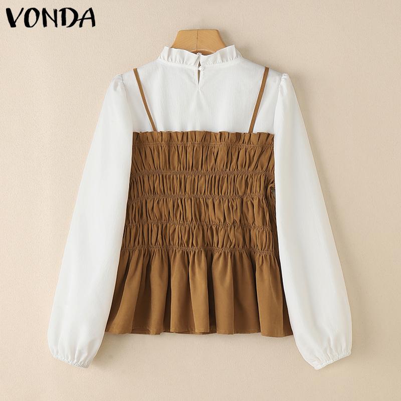 VONDA Women Stand Ruffled Neck Long Sleeve Patchwork Smocking Fake Two Pieces Blouse