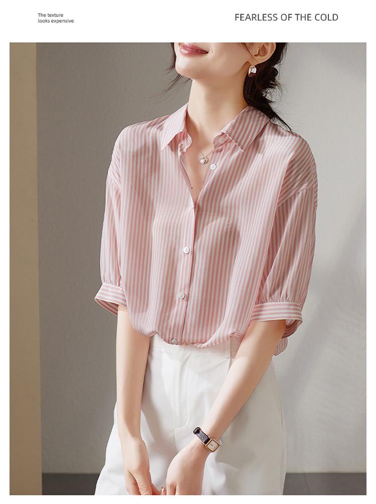 100% mulberry silk striped shirt for women, 2026 summer casual commuting short sleeved silk shirt