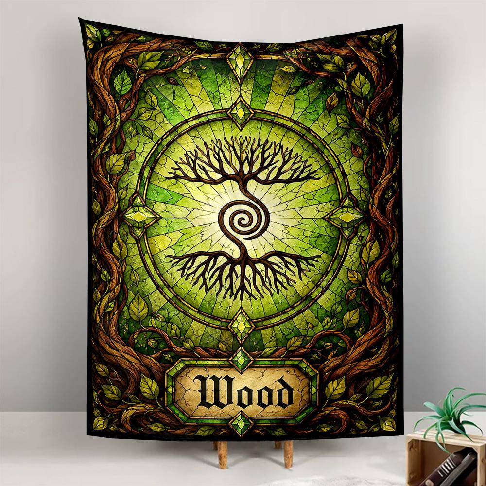 Tapestry Tree Of Life Green Stained Glass Wood Element Mystical Wall Hanging for Nature Spiritual Room Decor