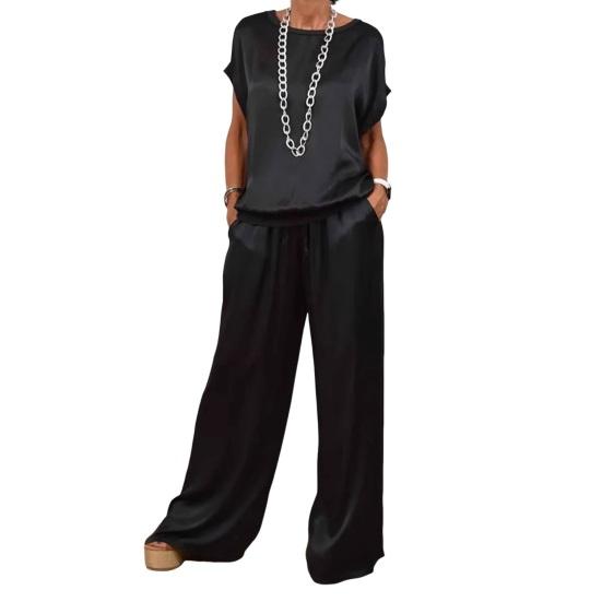 Women's Satin Silky Two-Piece Set Casual Crew Neck Short Sleeve Top Wide Leg Pants Set Loose Loungewear Outfit for Spring Summer