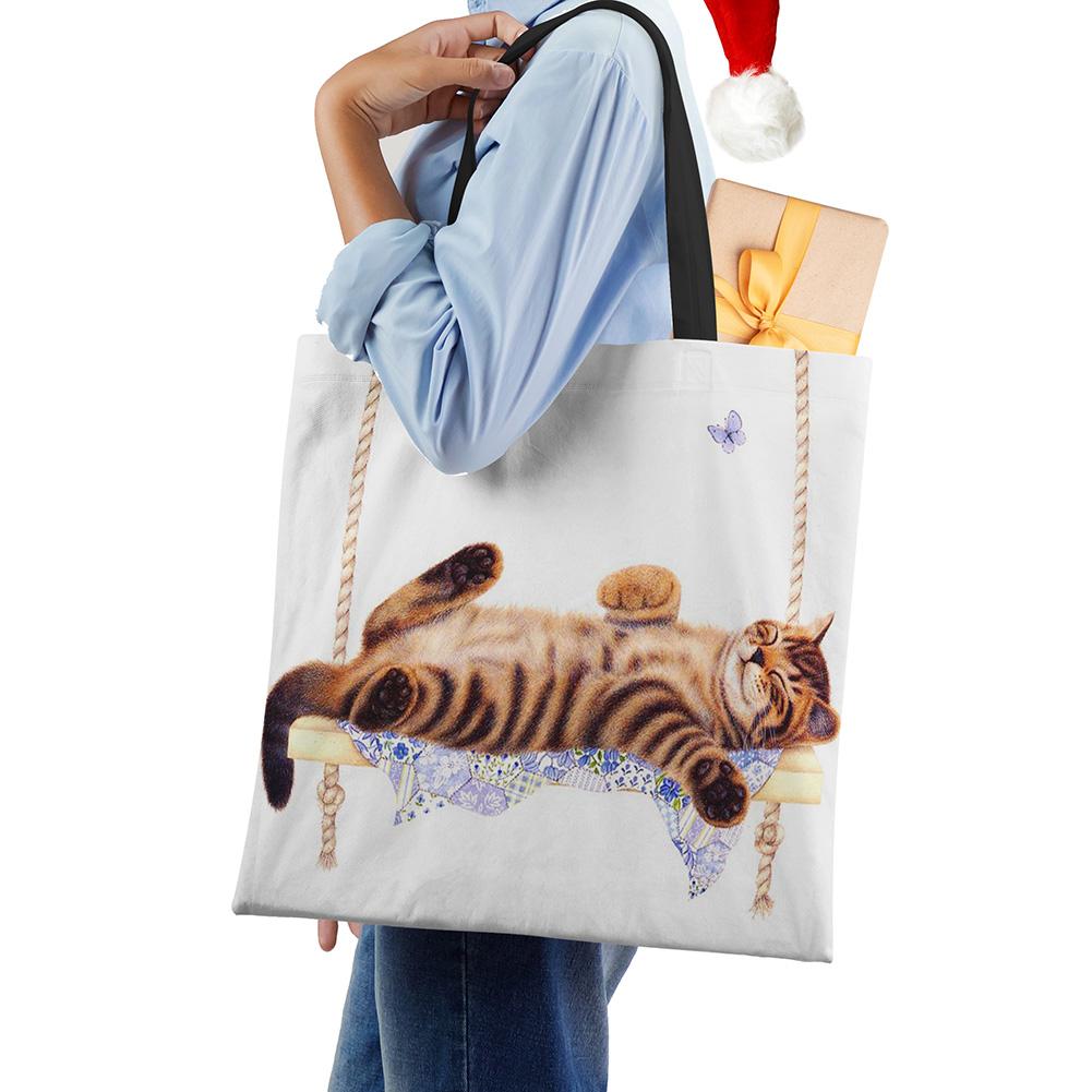 Cute Cat Flower Painting Print Womens Designer Tote Bags Women Handbag Large Shopping Bag Foldable For Groceries CLE