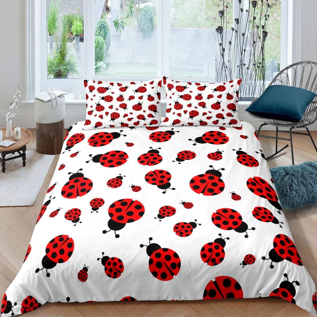 Ladybug Comforter Cover Set Ladybug On Green Leaf Duvet Cover Wild Wildlife Theme Microfiber Bedding Set 3pcs for Kids Teens