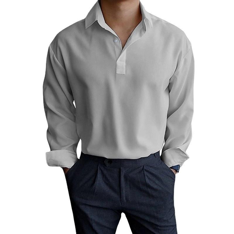 Men Lapel Half Placket Solid Long Sleeve Henley Casual Shirt