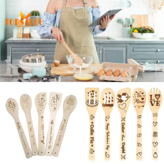 5 шт. бамбуковые кухонные ложки с гравировкой, забавный узор, гладкая поверхность, прочная деревянная лопаточка, кухонная утварь с длинной ручкой