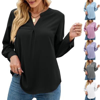 Женская модная однотонная шифоновая рубашка на пуговицах с v-образным вырезом, свободный топ с длинными рукавами