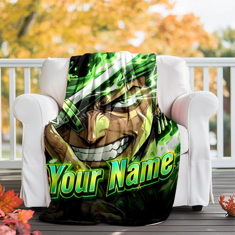 1pc Personalized Name Zoro Theme Blanket - Digital Print, Polyester, Cozy for All Seasons, Perfect for Outdoor, and Travel