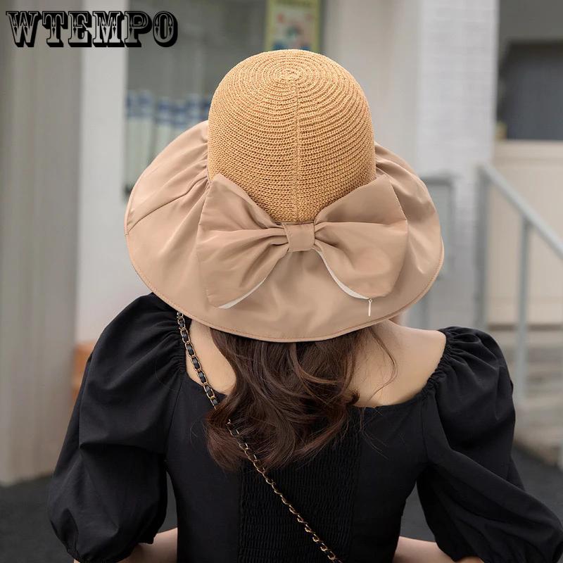 WTEMPO Fashion Foldable Soft Bow Bucket Sun Hats Women's Wide Brim Retro Simple Elegant Versatile Hollow-out Hats