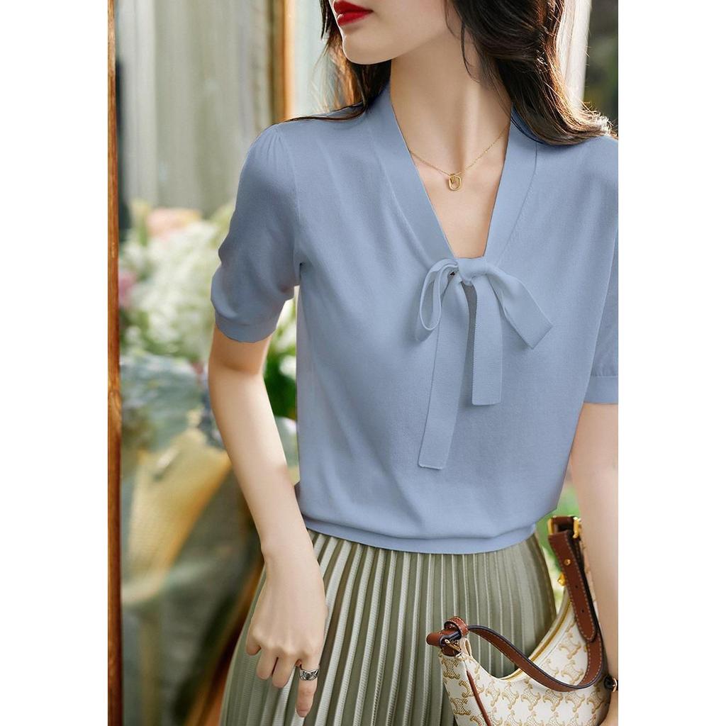 Летняя женская футболка Ice Silk с короткими рукавами, женская трикотажная футболка с V-образным вырезом и завязкой, свободная, с короткими рукавами