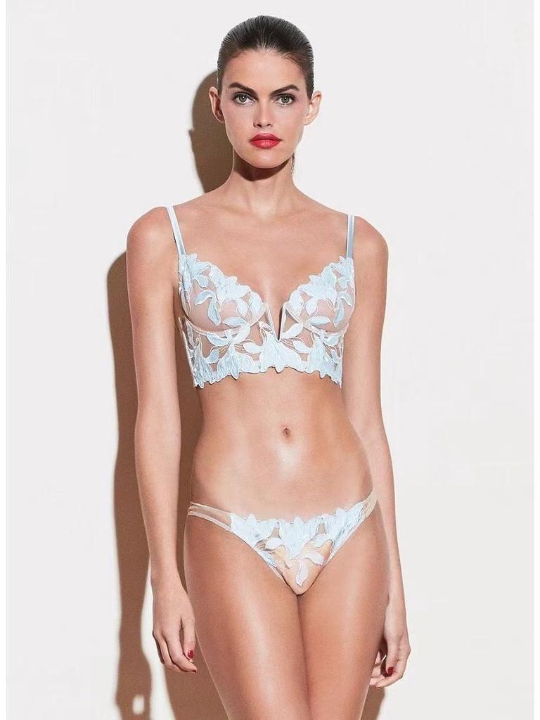 Французский цветочный вышитый комплект нижнего белья из сетки с глубоким V-образным вырезом