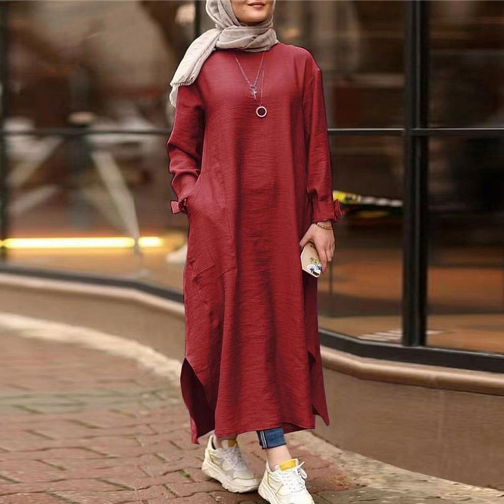 Womens Muslim Dress Islamic Clothing Long Sleeve Shirt Round Collar Solid Color Maxi Dresses Casual Pocket Musulman DubaiKaftan Robe Plus