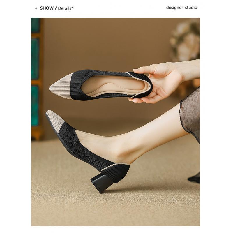 Middle Heel New Pointed Head Shallow Mouth Single Shoes Thick Heel Knitted Flying Shoes High Heel Women's Shoes