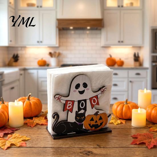 Halloween Soft Furnishings for Home Ghost Wooden Napkin Holder, Cute Paper Towel Decorative Stable Solid Wood Rack Stand, Freestanding Tissue