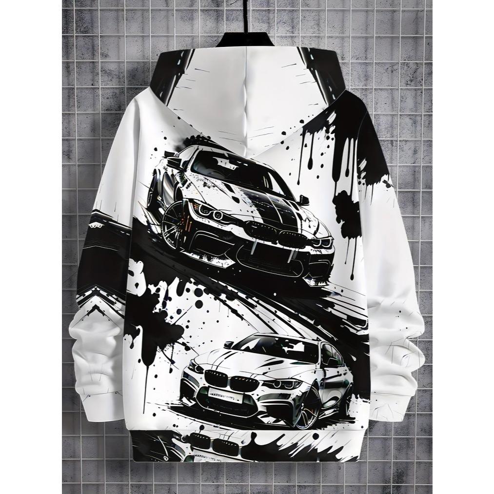 Boys' Casual Hoodie, Cool Car Print - Long Sleeves, Perfect Choice for Spring and Autumn Seasons, Loose Fit