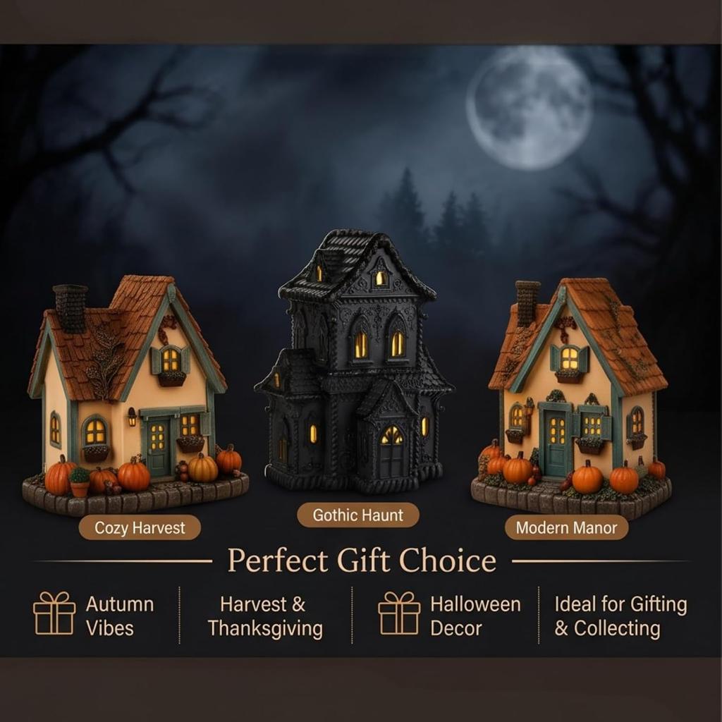 Vintage Light Up Pumpkin House Halloween Decor LED Fall Village Hand-Painted Resin Tabletop Centerpiece Warm Light Autumn Mini Glowing Landscape