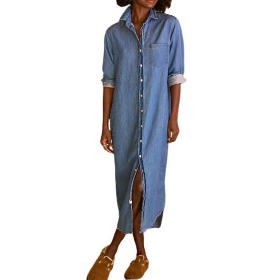 Женское повседневное джинсовое платье-рубашка с длинным рукавом и пуговицами, длинное джинсовое платье с отворотом