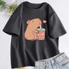 Cute Capybara Loves Bubble Tea T Shirt for Women Cotton Short Sleeve Cartoon Graphic T Shirts Summer Short Sleeve Tee Clothes