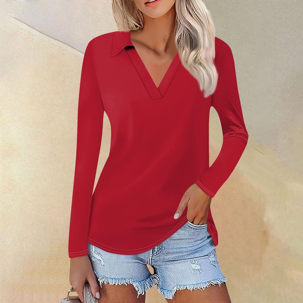 Женская летняя модная повседневная однотонная рубашка с v-образным вырезом и длинным рукавом с принтом, топ