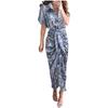 Women Casual Stand-up Collar Printed Shirt Button Belt Short-sleeved Long Skirt