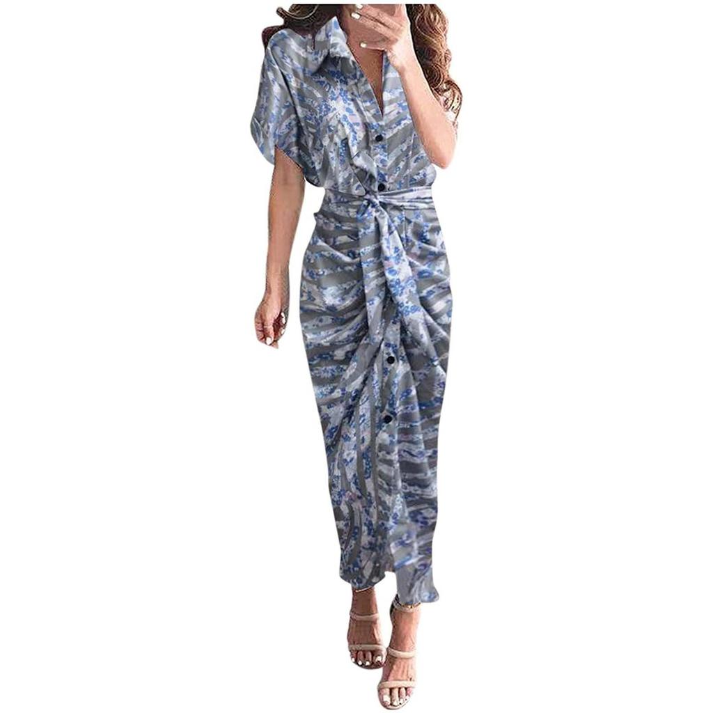 Women Casual Stand-up Collar Printed Shirt Button Belt Short-sleeved Long Skirt