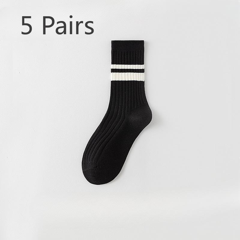 5 Pairs of Female Spring and Autumn Black and White Striped Cotton Anti Beriberi Deodorant Tube Socks