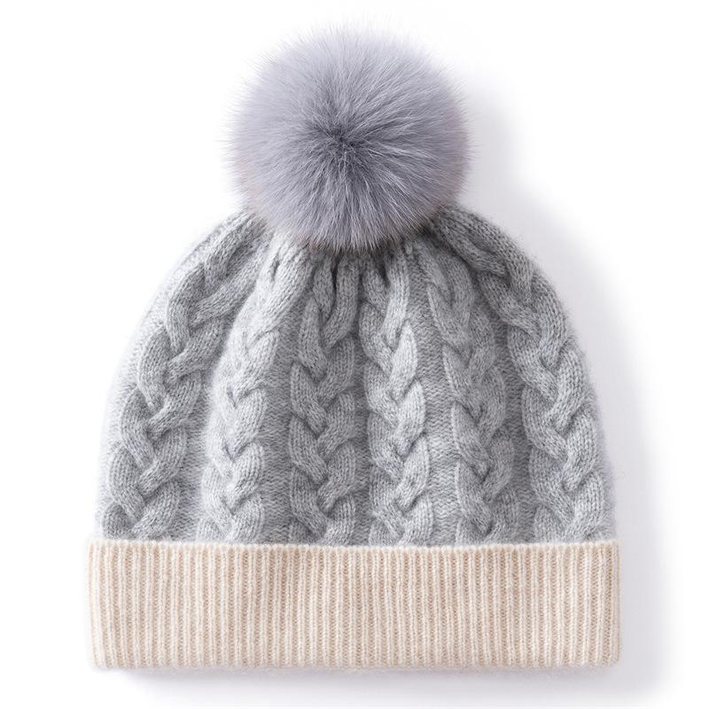 Export Order Autumn and Winter Cashmere Knitted Hat Women's Thickened Twisted Fox Hair Ball Ear Protector Wool Cap