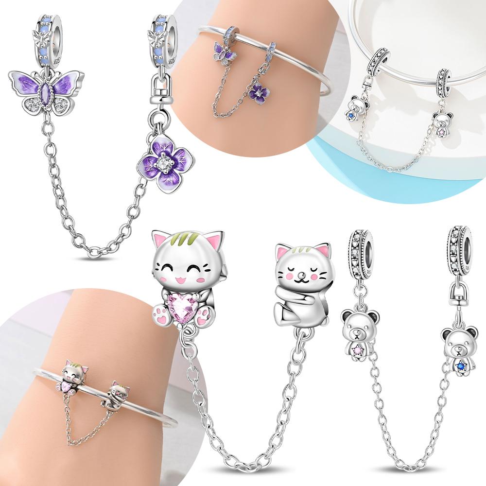 925 Silver Classical Purple Butterfly Flower Cat Fixed Chain Bear Couple Bead Fit Bracelet Women Jewelry Diy Accessory