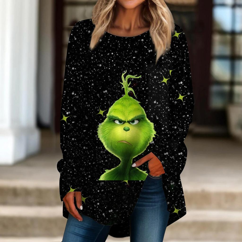 Women's Casual Plus SizeLong Sleeved Round Neck Christmas Printing T-shirt Top Pullover