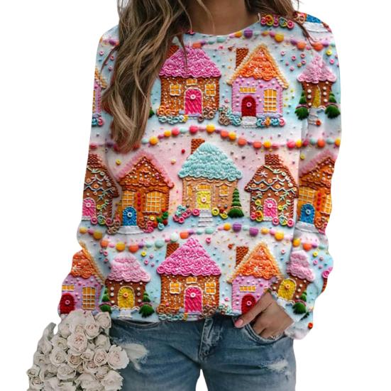 Christmas Sweatshirt Women 3D Xmas Tree House Print Crew Neck Long Sleeve Tops Lightweight Holiday Pullover Tops