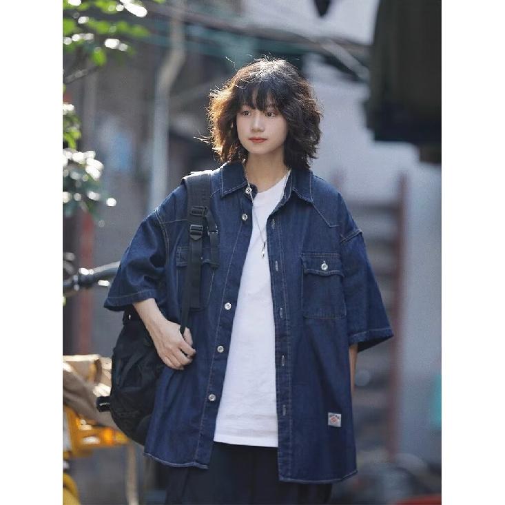 Японский ретро модный бренд летняя свободная джинсовая рубашка с короткими рукавами художественная молодежная рабочая рубашка мужская и женская многослойная куртка